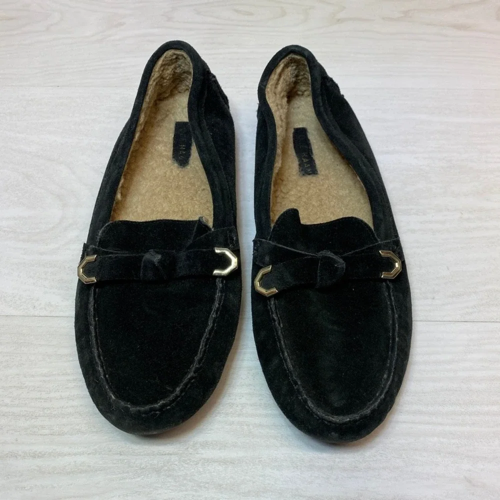 Cole Haan Womens 9B Loafers Suede Faux Fur Lining Black Gold Hardware W22630